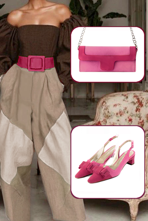 Women's fuchsia pink and hot pink elegant slingback heels, with a bow on the front. Tapered toe. Low kitten heels - Top view